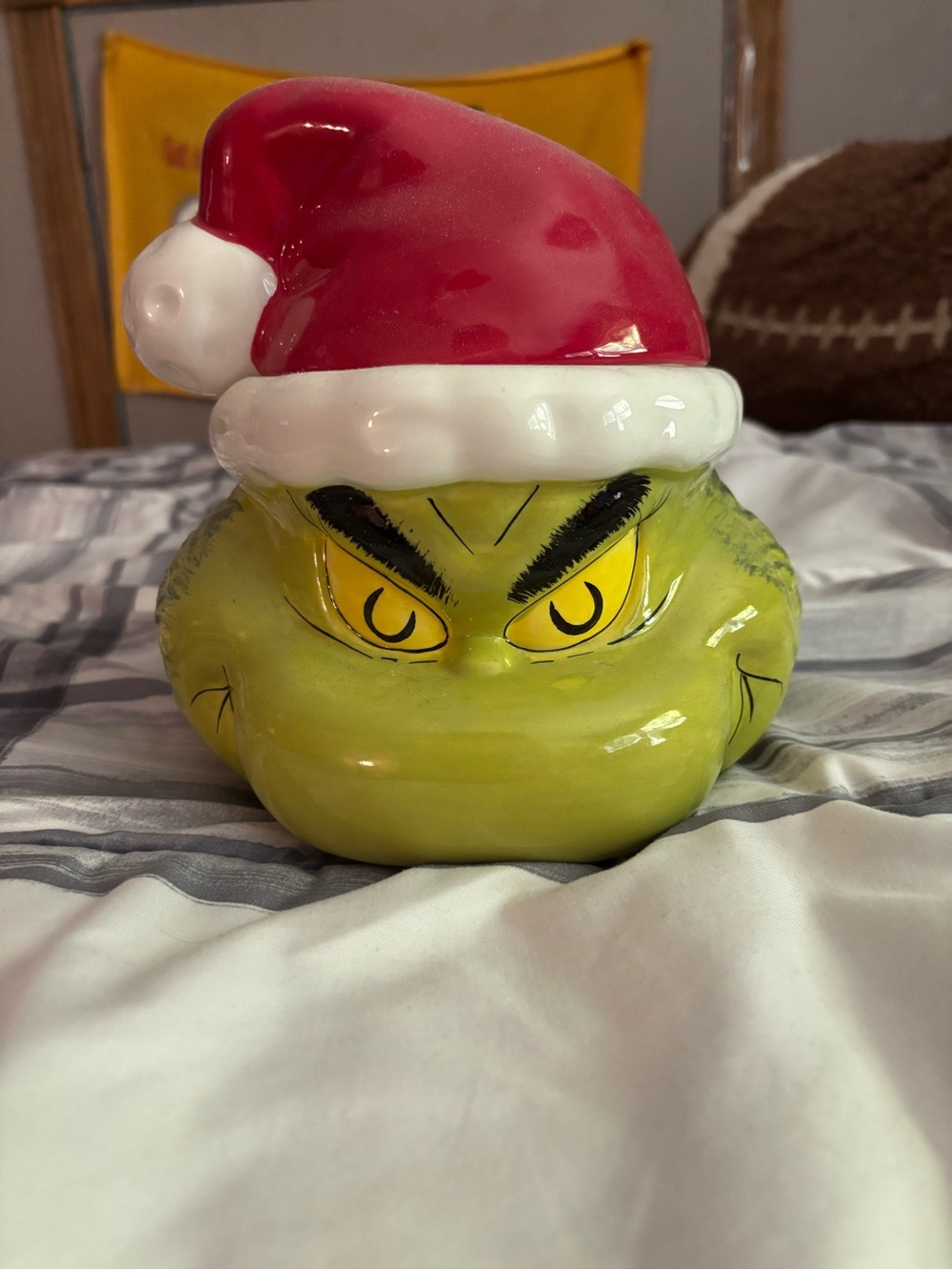 Green Grinch Ceramic Jar with Red Santa Hat